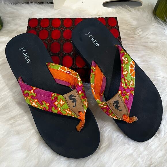 NEW J. Crew Preppy Seahorse Orange Pink Sunrise Retro Floral Flip Flops 6 NWOT - Picture 6 of 12